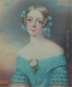 A Young Lady Wearing Decollete Turquoise Blue Dress With White Lace Trim, Layered Frilled Short Sleeves And White Lace Cuffs, Matching Ribbons In Her Blonde Hair And Pale Pink Rose At Her Corsage
