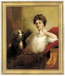 Portrait Of A Lady In A White Blouse With Lace Trim, A Terrier To Her Side