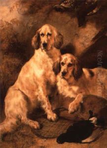 Setter Hunting Dogs Resting With Bird And Game Bag by Edwin Douglas