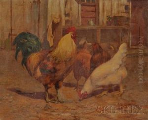 Barnyard Scene With Rooster And Hens by Walter Douglas