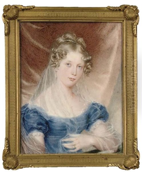 Mrs. Garth, Seated With Her Left Elbow Resting On A Green Covered Table, In Blue Velvet Dress With Pleated Bodice And Lace-bordered White Underdress, Drop Pearl Earrings, Long Gauze Veil In Her Hair - view 1
