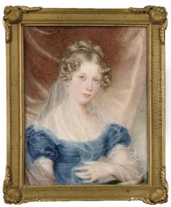 Mrs. Garth, Seated With Her Left Elbow Resting On A Green Covered Table, In Blue Velvet Dress With Pleated Bodice And Lace-bordered White Underdress, Drop Pearl Earrings, Long Gauze Veil In Her Hair by William Douglas