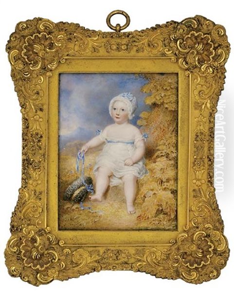 Archibald William, 8th Marquess Of Queensberry As A Child, Full-length, Seated On A Bank In Loose White Dress, With Blue Bows At Shoulders And Holding A Blue Ribbon In His Right Hand - view 1