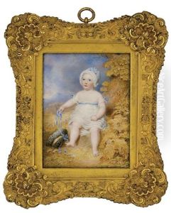 Archibald William, 8th Marquess Of Queensberry As A Child, Full-length, Seated On A Bank In Loose White Dress, With Blue Bows At Shoulders And Holding A Blue Ribbon In His Right Hand