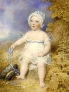 Archibald William, 8th Marquess Of Queensberry, As A Child, Seated On A Bank In Loose White Dress, With Blue Bows At Shoulders And Holding A Blue Ribbon In His Right Hand