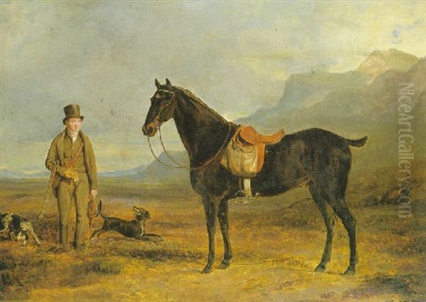 General Lord Robert Kerr Of Newbattle Rough Shooting In A Mountainous Landscape, With His Pony And Two Pointers - view 1