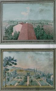 The Roofs Of A Villa Overlooking Orchards And Vineyards, Hills In The Distance