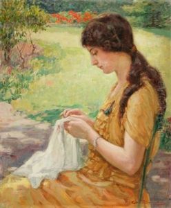 Jeune Femme A La Couture Dans Un Jardin Ensoleille by Edmond Doumont
