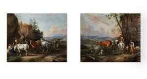 Pasterze Z Konmi Przed Ruina, Rodzina Pasterzy Z Bydlem Przed Ruina by Simon Johannes van Douw