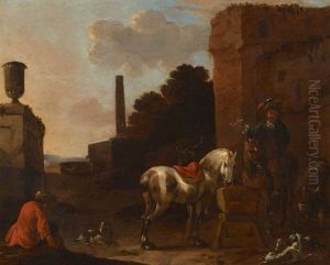 Halte De Cavaliers Dans Un Village by Simon Johannes van Douw