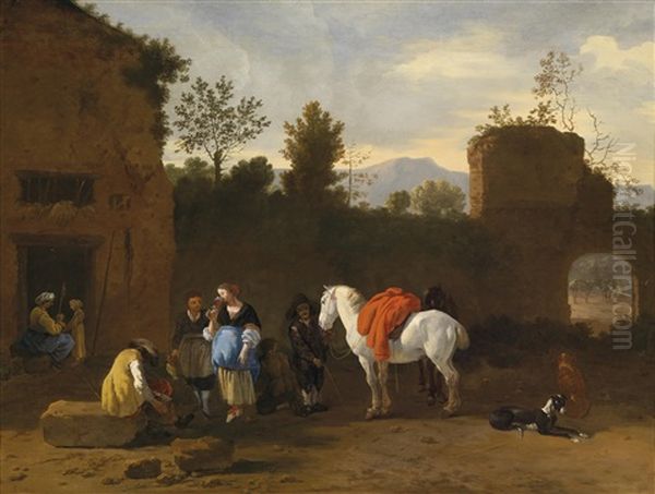 Figuren Und Pferde Vor Einem Wirtshaus - view 1