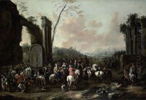 An Italianate Landscape With Travellers Gathering By A Fountain Amongst Classical Ruins by Simon Johannes van Douw