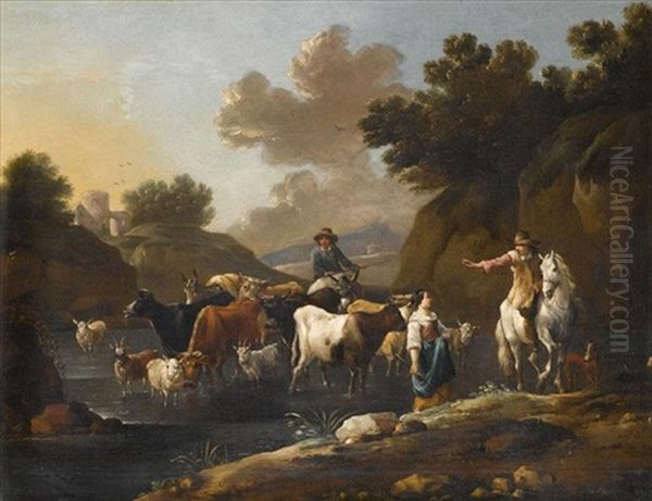 A Pastoral Landscape With Horses, Sheep And Cattle In A Stream - view 1