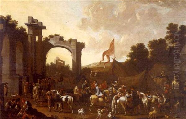 A Hunting Party With Numerous Figures And Ruins Beyond - view 1