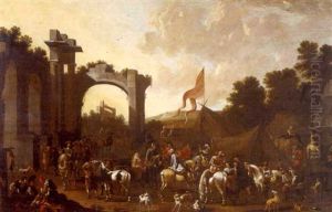A Hunting Party With Numerous Figures And Ruins Beyond A Hunting Party With Numerous Figures And Ruins Beyond