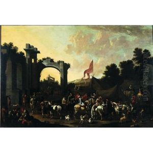 A Hunting Party With Numerous Figures And Ruins Beyond by Simon Johannes van Douw