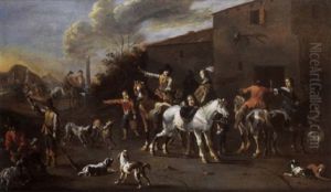 Italianate Landscape With Horseman Taking Refreshment Before An Inn by Simon Johannes van Douw