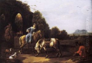 A Hunting Party Taking Refreshment At A Well by Simon Johannes van Douw