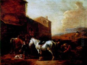 Figures Shoeing A Horse Ouside A Walled Town Figures Shoeing A Horse Ouside A Walled Town