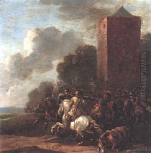 Cavalry Skirmish Outside A Church by Simon Johannes van Douw