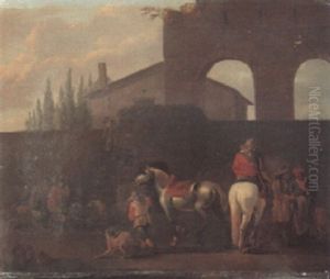 Huntsman Departing From The Courtyard Of A Villa