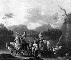 Bauern Durchqueren Mit Pferden, Kuhen Und Ziegen Eine Furt by Simon Johannes van Douw