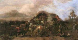 Bandits Ambusing A Wagon In An Italianate Landscape