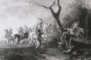 Cavalry Skirmish Beside A Wood by Simon Johannes van Douw