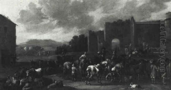 Figures And Animals Gathered In A Courtyard - view 1