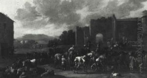 Figures And Animals Gathered In A Courtyard by Simon Johannes van Douw