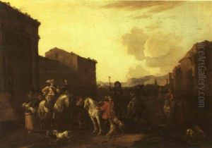 Preparing For The Hunt With Farm Buildings And Ruins Behind by Simon Johannes van Douw