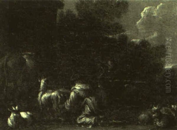 Goatherd And Cowherd With Goats And Cattle In An Italianate Landscape - view 1