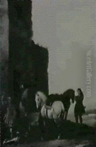 Travellers Watering Their Horses At A Trough Before An Inn by Simon Johannes van Douw