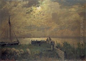 Stadt Am Fluss Im Abendlichen Licht by Fritz Douzette