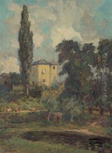Sommerliche Landschaft Mit Einem Landhaus Hinter Einer Pappel