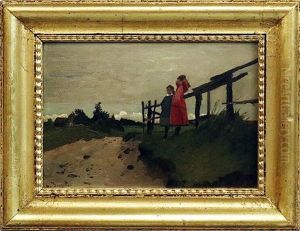 Wolkenverhangene Landschaft Mit Zwei Madchen An Einem Gatter (abenddammerung) by Louis, Carl Ludwig Douzette