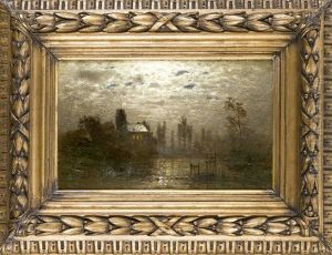 Mondscheinlandschaft Mit Innen Beleuchteter Kirche Am Seeufer by Louis, Carl Ludwig Douzette