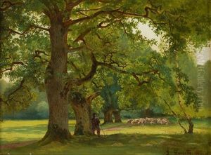 La Promenade En Foret; Berger Et Son Troupeau by Louis, Carl Ludwig Douzette