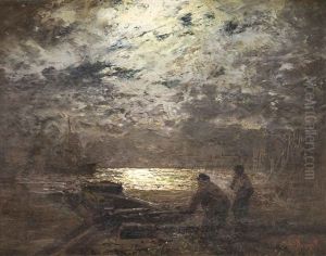 Ufer Mit Fischern Bei Mondschein Ufer Mit Fischern Bei Mondschein