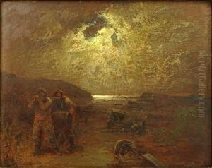 Moonlit Shore Scene by Louis, Carl Ludwig Douzette