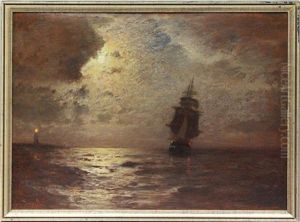 Kustenlandschaft Mit Segler Bei Mondschein by Louis, Carl Ludwig Douzette