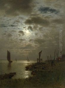 Boddenlandschaft Bei Vollmond by Louis, Carl Ludwig Douzette