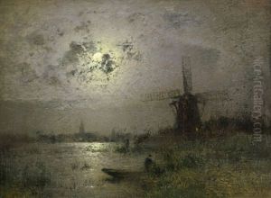 Mondscheinlandschaft Mit Windmuhle by Louis, Carl Ludwig Douzette