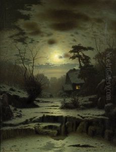 Winterliche Vollmondlandschaft Mit Haus An Einem Kleinen See