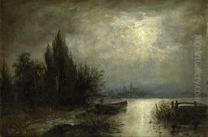 Mondnacht: Fischerboot Auf Einem See, Im Hintergrund Die Silhouette Einer Kleinen Stadt by Louis, Carl Ludwig Douzette