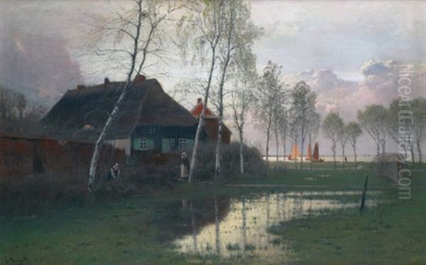 Fischerhauser In Der Abendstimmung Am Bodden Mit Booten - view 1