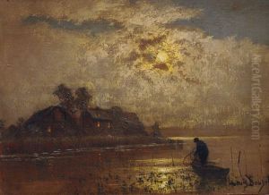 Fisherman In The Moonlight by Louis, Carl Ludwig Douzette