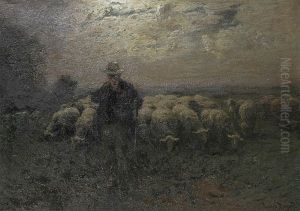 Sich Eine Pfeife Anzundender Schafer Mit Herde In Wolkenverhangener Mondscheinlandschaft by Louis, Carl Ludwig Douzette