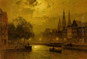 Mondschein Uber Der Gracht Einer Hollandischen Stadt by Louis, Carl Ludwig Douzette