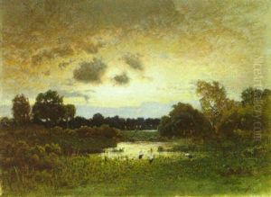 Abendliche Landschaft Mit Storchen